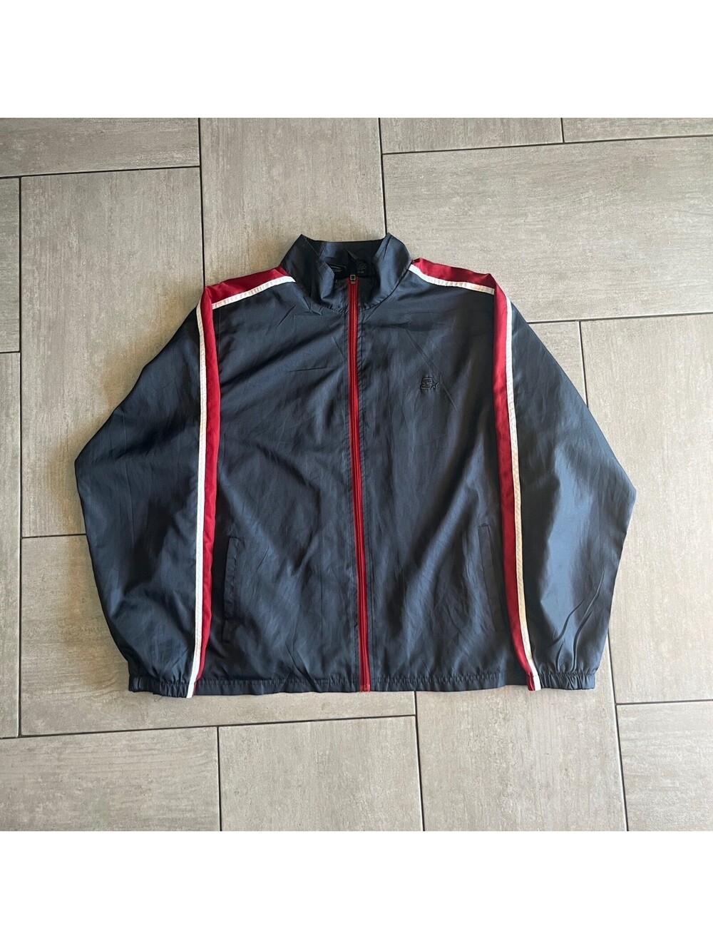 Starter Mens Windbreaker Jacket Grey Red White Stripe Full Zip Size 42 44